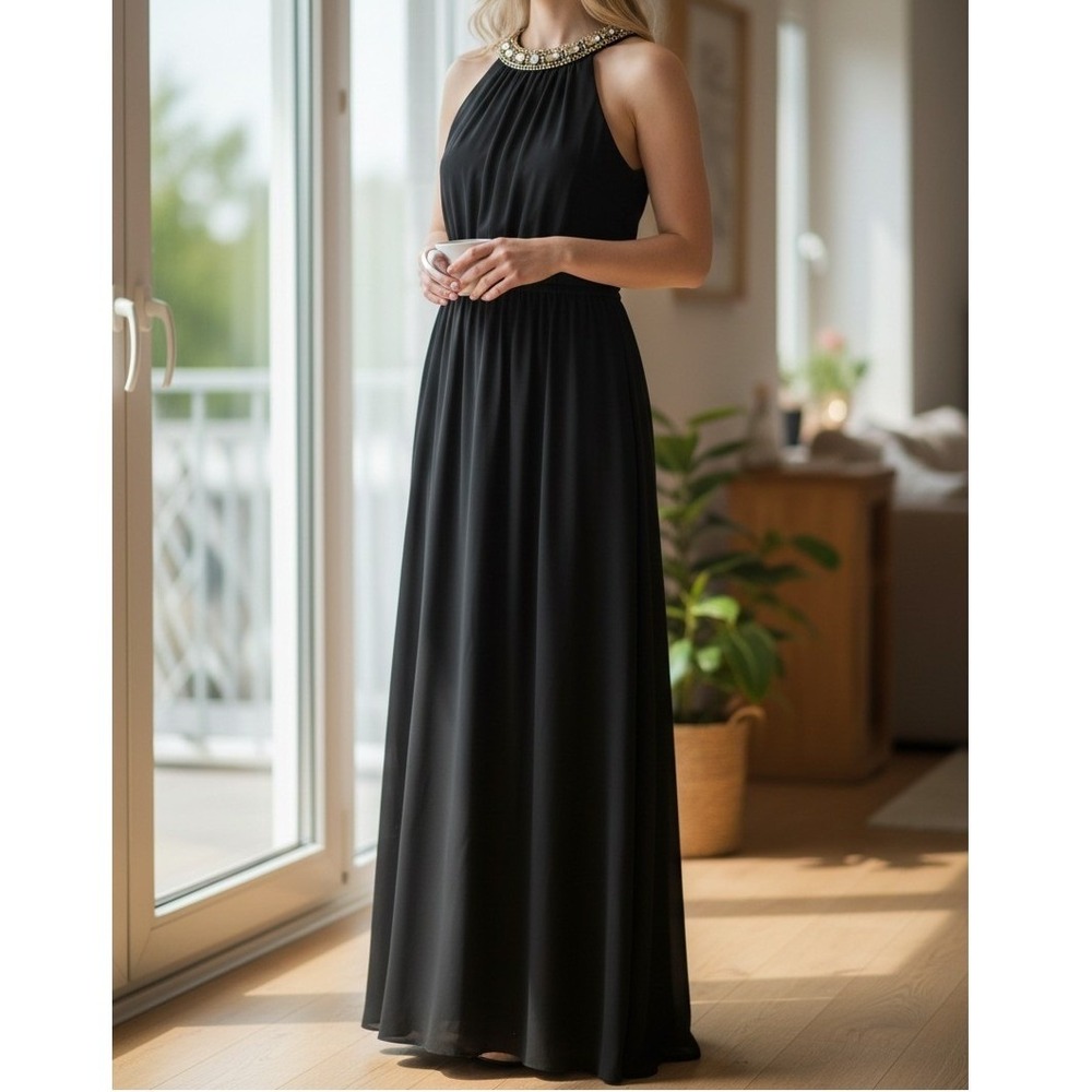 Vince Camuto Black Embellished Halter Neck Maxi‎ Dress Gown Size 12 Party Glam